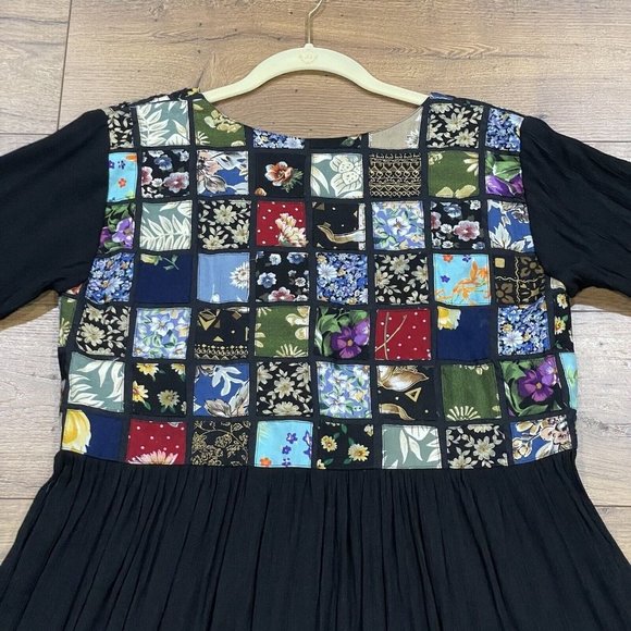Vintage Patchwork Dress Womens M Multicolor Black Crinkle Textured Button Boho - Picture 8 of 12
